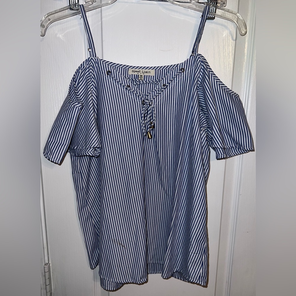 Speed Limit Blue & White Striped Cold Shoulder Blouse Size M